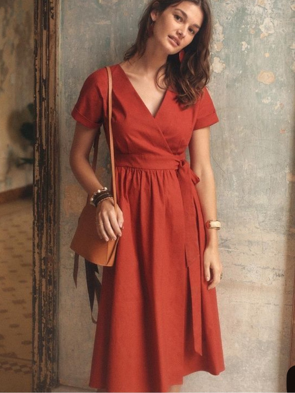 Sezane Rust Red Wrap Midi Dress with Tie Waist